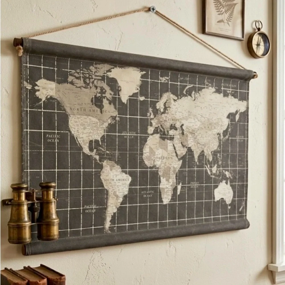 Vintage looking World Map Wall Hanging - gray and Cream 20 x 29“ - Picture 2 of 3